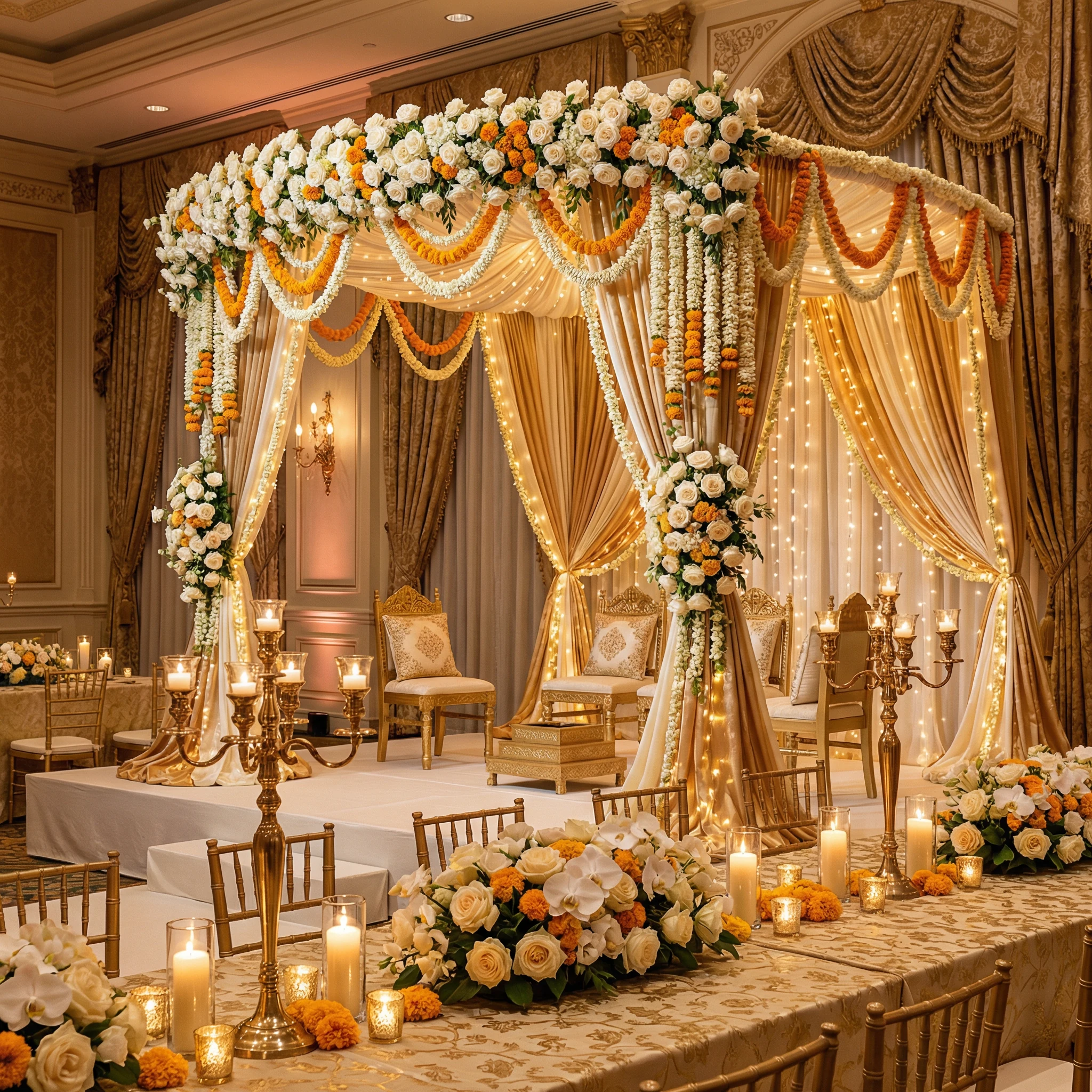 Elegant Indian wedding decoration with floral arch