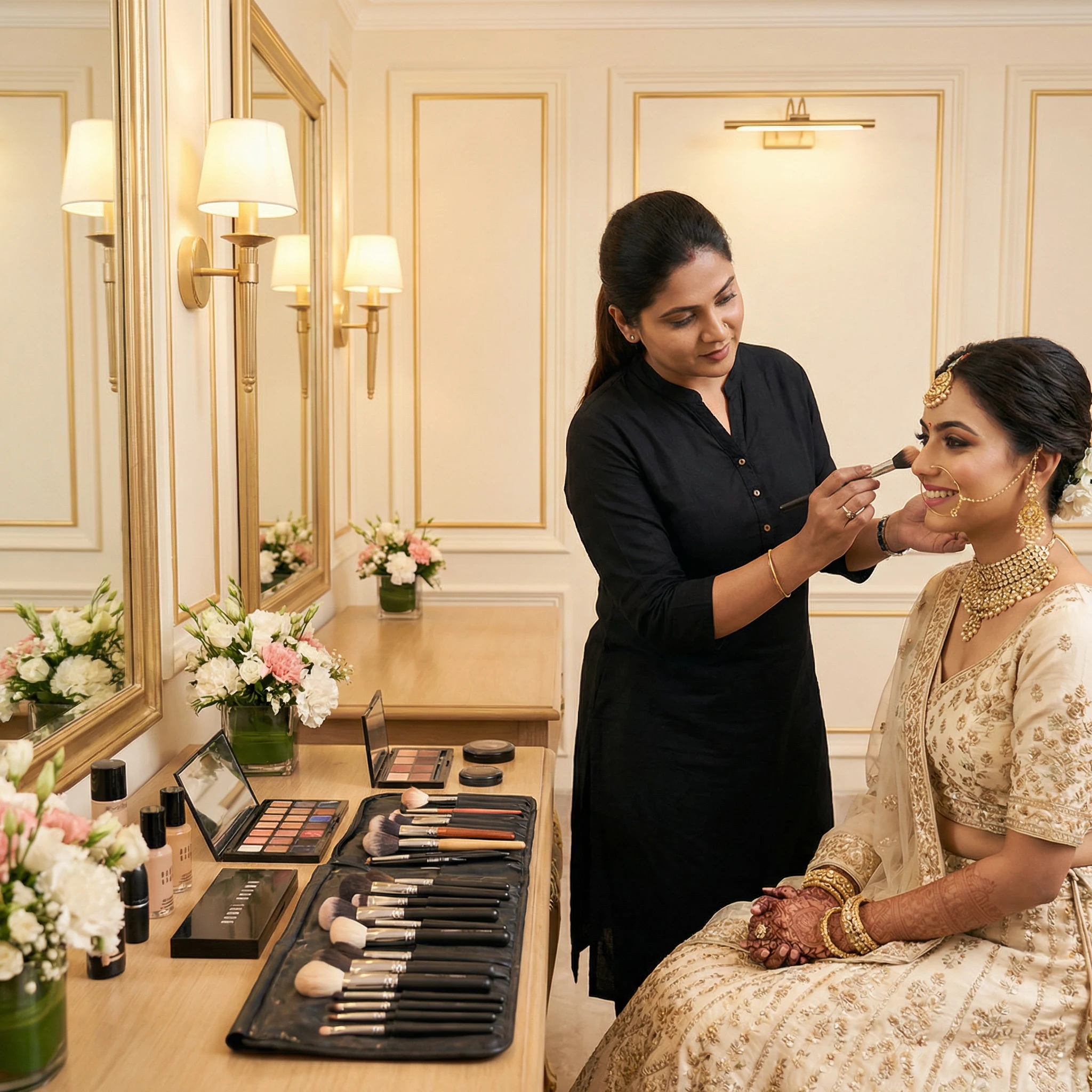 Bridal makeup artist preparing a bride